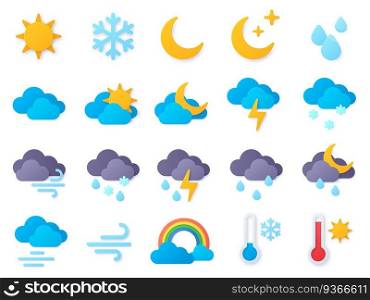 Paper cut weather icons. Symbols of rain, rainbow, sun, hot and cold temperature, winter snow and cloud. Meteo forecast pictogram vector set. Rain weather, paper craft meteorology icons illustration. Paper cut weather icons. Symbols of rain, rainbow, sun, hot and cold temperature, winter snow and cloud. Meteo forecast pictogram vector set