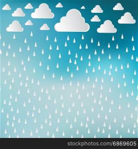 Paper cut white clouds and rain drops on blue sky background. Rainy day. Vector Illustration background