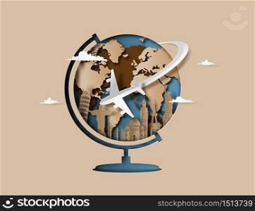 paper cut with airplane fly around the planet Earth, concept of travel and tourism.