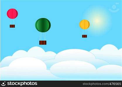 paper cutting ballon and clouds on sky background vector.