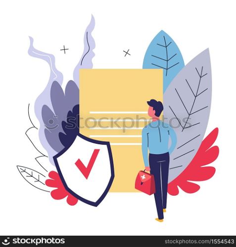 Paper document and shield medical insurance abstract concept vector healthcare and treatment payment financial security life protection contract and dealing health services warranty or guarantee. Medical insurance abstract concept paper document and shield