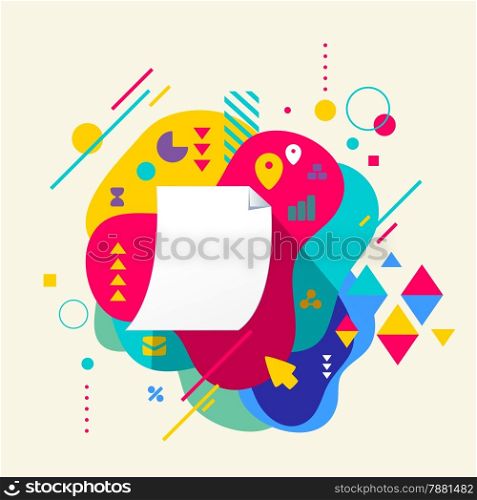 Paper document on abstract colorful spotted background with different elements. Flat design.