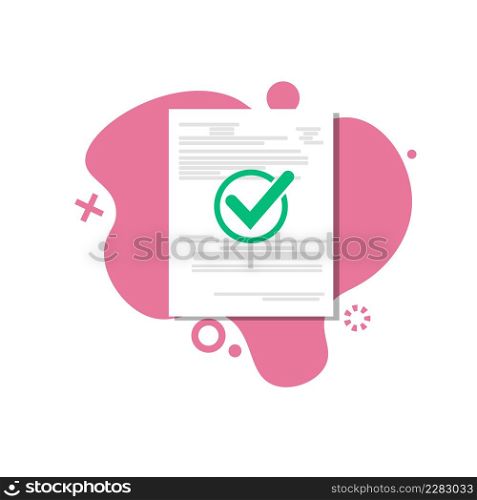 Paper document with checkmark icon, evaluation of test results, educational test idea, questionnaire, check mark on a piece of paper as a successful contract or agreement, flat style.. Paper document with checkmark icon, evaluation of test results, educational test idea, questionnaire, check mark on a piece of paper as a successful contract or agreement, flat style