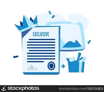 Paper document with signature and seal, exclusive contract or agreement cartoon vector illustration. Paper document with signature and seal