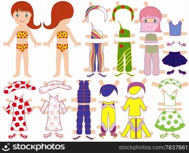 Paper doll and a set of clothing for the summer season with technological clips dressing. Paper doll and a set of clothing for the summer season
