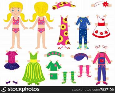 Paper doll and clothes set for her with technological clips dressing. Paper doll and clothes set for her