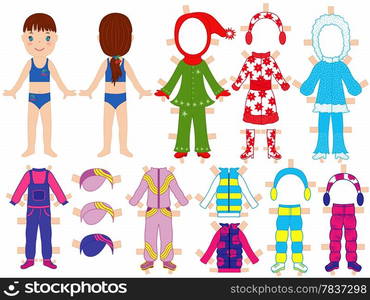 Paper doll and warm clothes set for her with technological clips dressing. Paper doll and warm clothes set for her