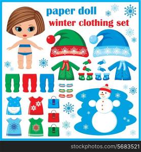 Paper doll with winter clothes set. vector