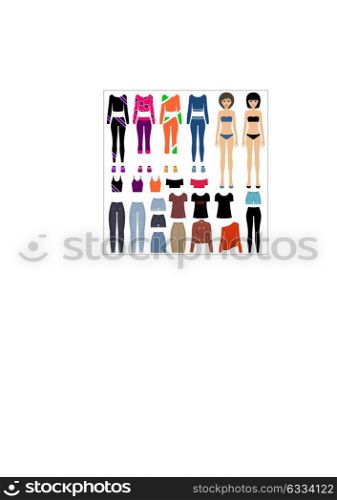 Paper dolls with a set of clothes. Vector illustration