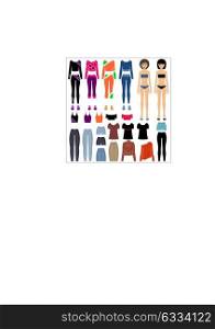 Paper dolls with a set of clothes. Vector illustration