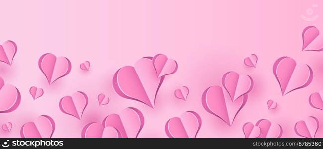 Paper elements in shape of heart flying on pink background. Vector symbols of love for Happy Women’s, Mother’s Day, or Birthday greeting card. Vector illustration