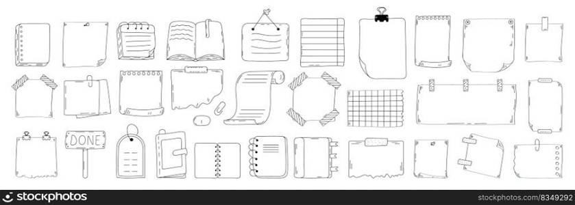 Paper empty sheet in doodle styke. Line stikers vector illustration for notes. To do list, memo pages. Doodle checklist set. Blank bullet journal sheets. Paper page doodle set in hand drawn line.. Paper empty sheet in doodle styke. Line stikers vector illustration for notes. To do list, memo pages. Doodle checklist set. Blank bullet journal sheets.