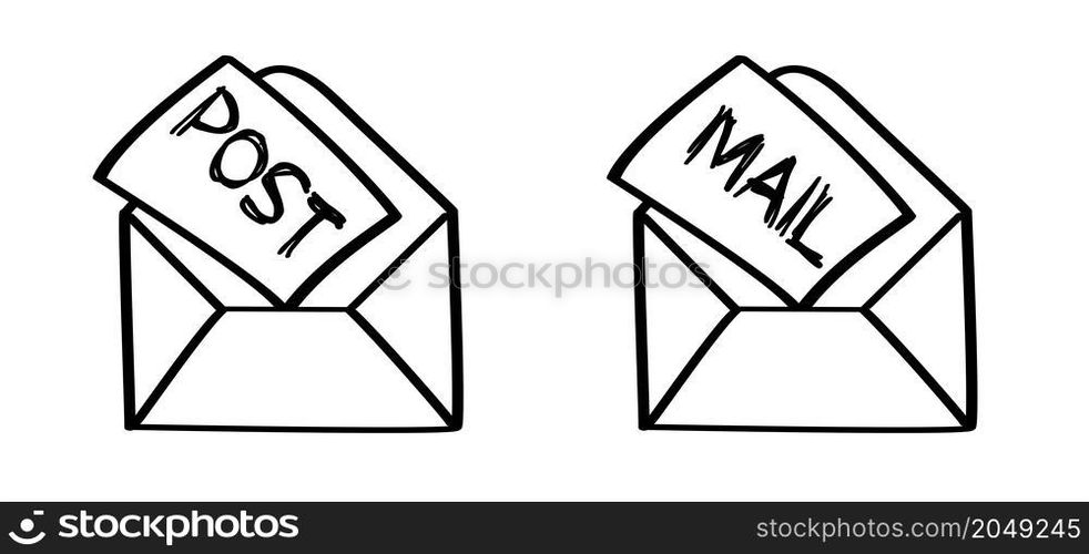 Paper envelopes. Post box or post office sign. Inbox, mail icon. Vector postcard, envelope symbol. Cartoon letter mail open. Message open