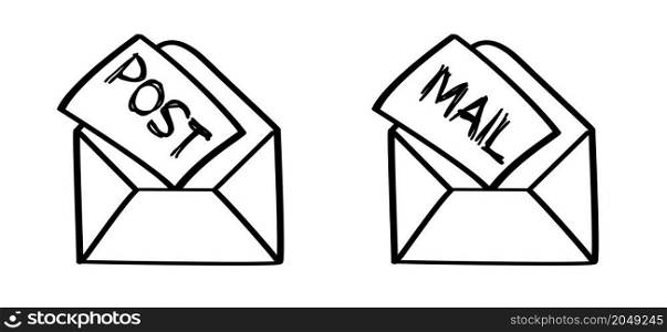 Paper envelopes. Post box or post office sign. Inbox, mail icon. Vector postcard, envelope symbol. Cartoon letter mail open. Message open