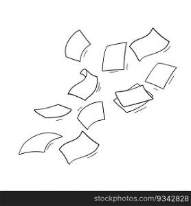 Paper files of documents fall down. Flying sheets. Blank sheet. Office element. Thrown object. White trash. Cartoon outline illustration. Paper files of documents fall down.
