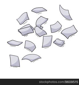 Paper files of documents fall down. Flying sheets. Blank sheet. Office element. Thrown object. White trash. Cartoon outline illustration. Paper files of documents fall down