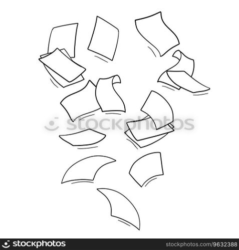 Paper files of documents fall down. Flying sheets. Blank sheet. Office element. Thrown object. White trash. Cartoon outline illustration. Paper files of documents fall down.