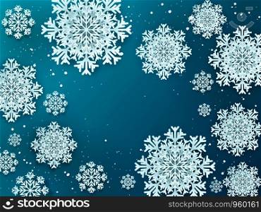 Paper flakes background. Christmas 3D winter poster with snow decoration elements. Vector illustration beauty pastel design template for greeting cards creative backgrounds. Paper flakes background. Christmas 3D winter poster with snow decoration elements. Vector design template for greeting cards