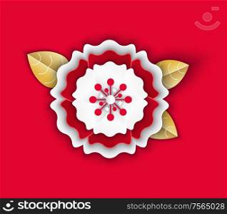 Paper flower with petals origami with leaves Chinese style vector. Isolated icon with leaves flourishing and blooming flora 2019 approaching new year celebration. Flower Petals Origami with Leaves Chinese Icon