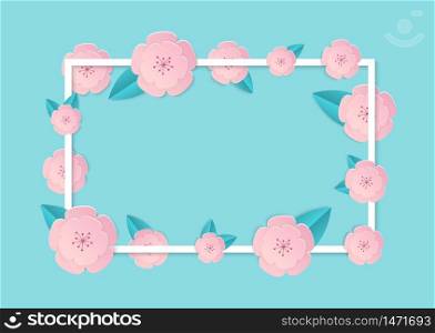 Paper flower with rectangle frame in craft style. Pastel floral illustration. Spring cherry background for text. Japanese banner. Summer decoration with sakura. Nature poster isolated. Design vector. Paper flower with rectangle frame in craft style. Pastel floral illustration. Spring cherry background for text. Japanese banner. Summer decoration with sakura. Nature poster isolated. Design vector.