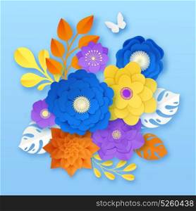 Paper Flowers Abstract Composition Template . Cut paper flowers handcraft ornamental composition sample in yellow white orange purple on blue background vector illustration