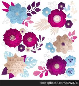 Paper Flowers Compositions Colorful Set. Paper flowers compositions set in fuchsia magenta deep purple and blue beige on white background vector illustration