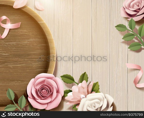 Paper flowers with wood plate on wooden table in 3d illustration. Paper flowers with wood plate