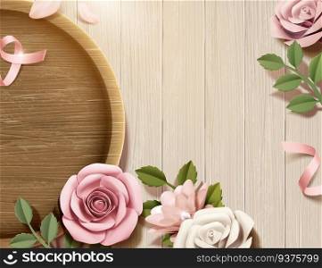 Paper flowers with wood plate on wooden table in 3d illustration. Paper flowers with wood plate
