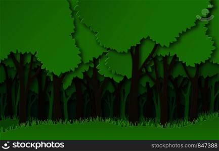 Paper forest. Green paper cut trees silhouettes, natural layered landscape. 3d origami ecosystem abstract vector style cutting craft concept. Paper forest. Green paper cut trees silhouettes, natural layered landscape. 3d origami ecosystem abstract vector concept