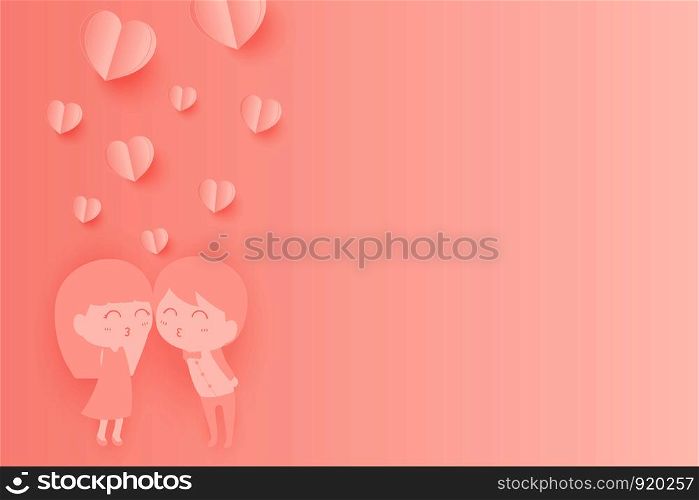 Paper Hearts float up and Couples are kissing with copy space on pink background. Vector Illustration, Valentine's Day