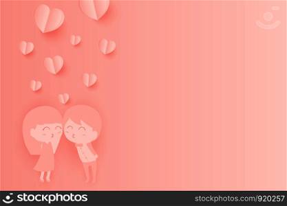 Paper Hearts float up and Couples are kissing with copy space on pink background. Vector Illustration, Valentine's Day