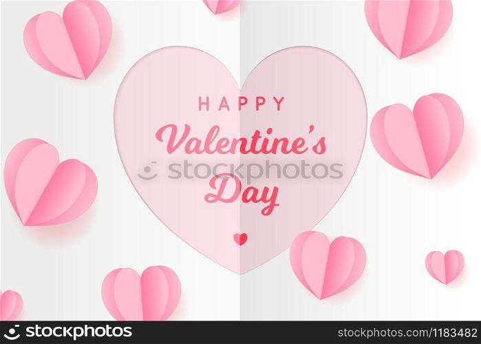 Paper Hearts on white paper and text on pink background. Vector Illustration, Valentine's Day Poster