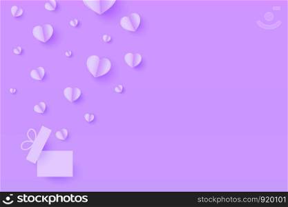Paper Hearts out of the gift box with copy space . Paper Heart flying on violet background. Vector Illustration, Mother's Day, Valentine's Day
