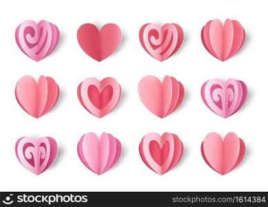 Paper hearts. Valentine s day decorative elements. Realistic cut out multilayer shapes for greeting cards and promotion banners. Isolated pink folded cardboard. Holiday gifts, vector romantic set. Paper hearts. Valentine s day decorative elements. Realistic cut out multilayer shapes for greeting cards and promotion banners. Isolated folded cardboard. Holiday gifts, vector set