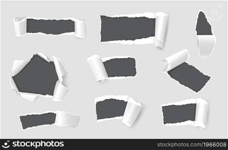 Paper holes with ripped edges, tear or gap in page sheet. Realistic torn papers sheets with curled edge, damaged or ragged pages vector set. Rectangle gaps with rolled fragments or pieces