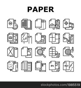 Paper List For Printing Poster Icons Set Vector. Filter And Tissue Paper, Photographic And With Watermarked, For Wrapping Tobacco And Make Cigarette, A2 And A4 Format Sheet Black Contour Illustrations. Paper List For Printing Poster Icons Set Vector
