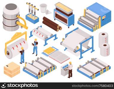Paper manufacturing automated process machinery isometric set with pulping pressing drying sheet forming packaging isolated vector illustration