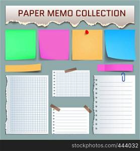 Paper memo mockup set. Realistic illustration of 10 paper memo mockups for web. Paper memo mockup set, realistic style