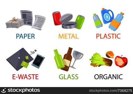 Paper metal plastic glass organic and e-waste set, vector illustration with trash icons collection isolated on white, food bottles and broken devices. Paper Metal Plastic Glass Organic and E-waste Set