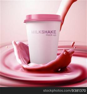 Paper milkshake cup mockup with fruity red crown splash and swirling background