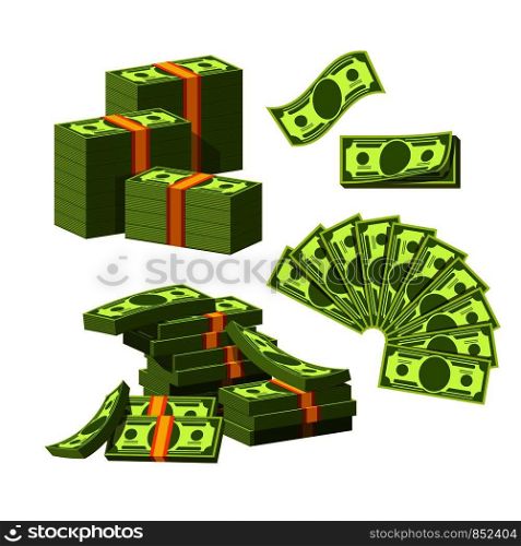 Paper money tied with yellow rubber bands lie in messy heap. Green banknotes of high value collected in piles and separate examples isolated cartoon flat vector illustration on white background.. Paper money tied with yellow rubber bands lie in messy heap.