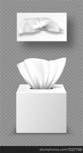 Paper napkin box mockup, top front view open blank packages with tissue wipes. Hygiene accessories, white carton packages isolated on grey background, realistic 3d vector illustration, mock up. Paper napkin box mockup, close and open packages