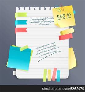 Paper Note Composition. Paper note realistic composition with notepad and sticky sheets of various colors and size vector illustration