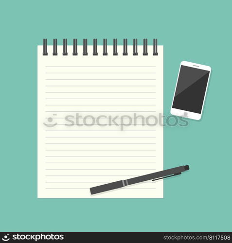 Paper note with pen and smartphone. Vector illustration