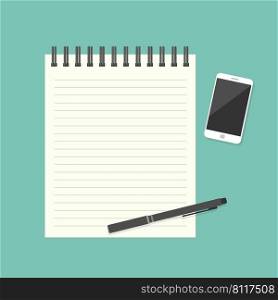 Paper note with pen and smartphone. Vector illustration