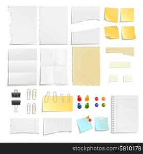 Paper Notes And Clips Object Set. Clips pins and various note paper stripe ragged stick realistic object set isolated vector illustration