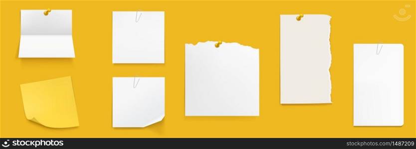Paper notes set, white notebook sheets pinned on wall, blank folded and ragged pages. Memo pads, daily planner, empty sticky notes isolated on yellow background. Realistic 3d vector illustration. Paper notes set, white notebook sheets on wall