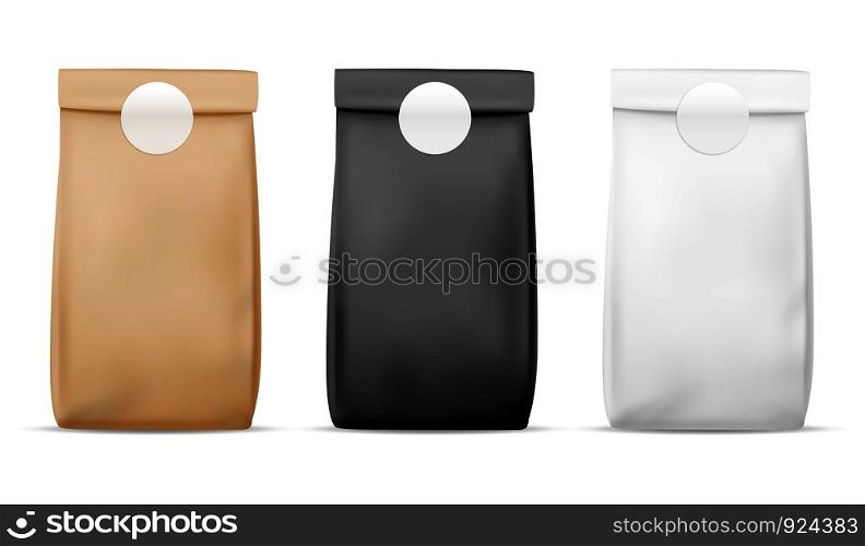 Paper packaging food bag. Blank white, brown and black bag. Product container sealed package. Retail meal wrap realistic pack of tea and snacks stand vector mockup. Paper packaging food bag. Blank white, brown and black bag. Product container package. Retail meal wrap realistic vector mockup