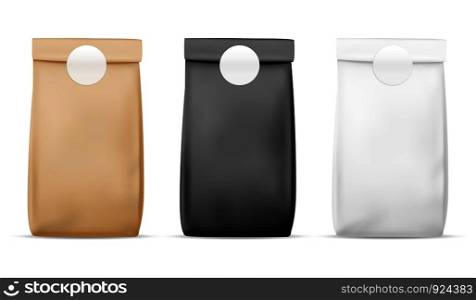 Paper packaging food bag. Blank white, brown and black bag. Product container sealed package. Retail meal wrap realistic pack of tea and snacks stand vector mockup. Paper packaging food bag. Blank white, brown and black bag. Product container package. Retail meal wrap realistic vector mockup