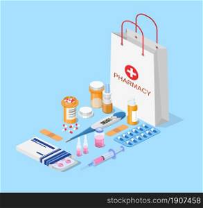 paper packet with medicine pills bottles liquids and capsules icon. pharmacy and drugstore concept Web banner landing page. 3d isometric design. Vector illustration in flat style. Modern interior pharmacy and drugstore.